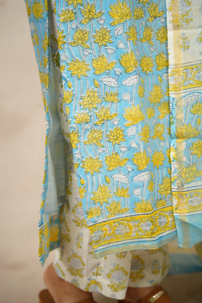Powder Blue Handblock printed Pure Chenderi Silk 3 piece suit (stitched) |  Looms & Tassels