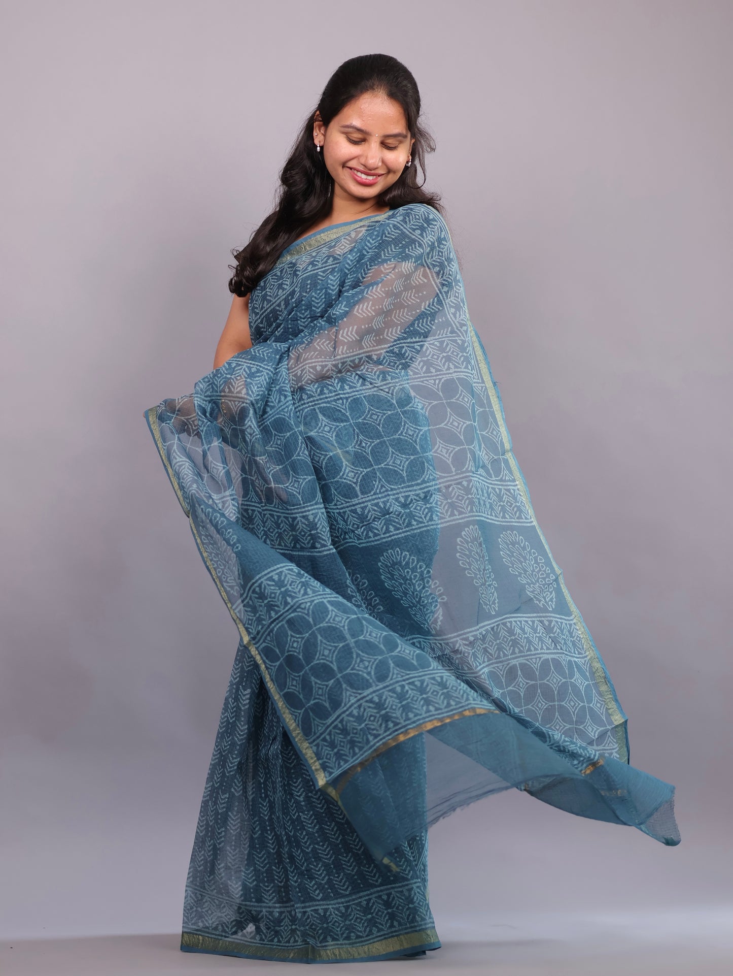 Pure Kota Doria Saree with Bagru Handblock Prints – Teal Blue | Looms&Tassels
