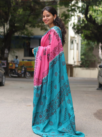 Pink Hand dyeing premium chennur silk with block prints saree