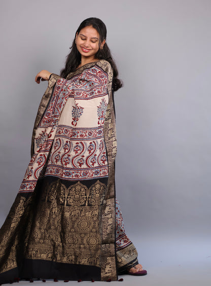 Cream Geometrical & Floral Ajrakh Motifs Handblock printed Dola Silk Saree | Looms & Tassels