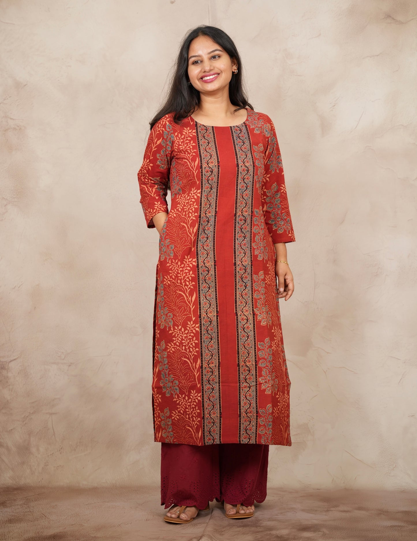Red Ajrakh Pattern Hand Block printed Kurti | Looms & Tassels