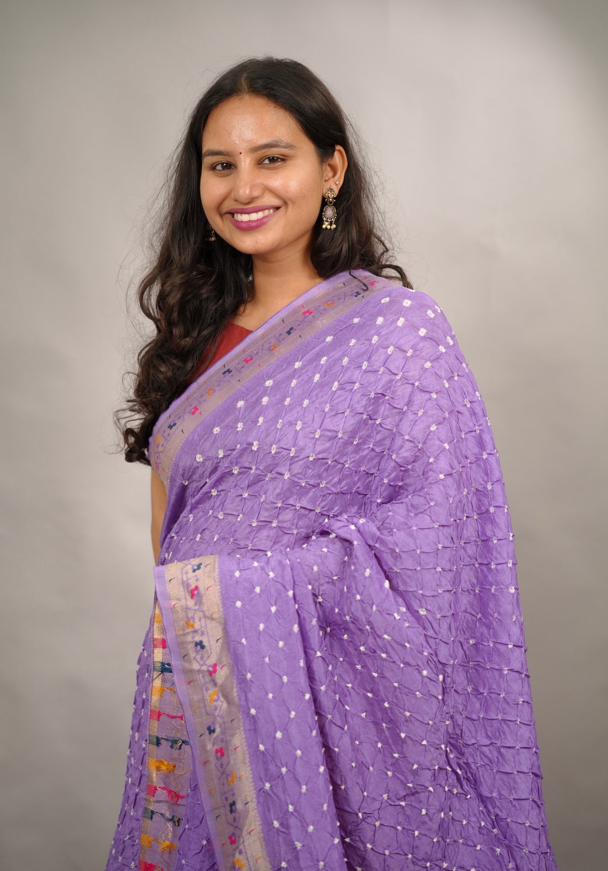 Lavender Handcrafted Bandhani Paithani Dola Silk Saree | Looms & Tassels