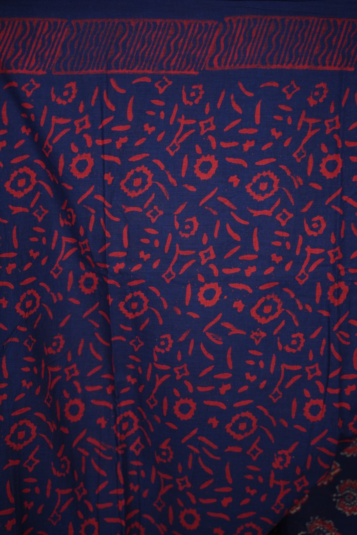 Dark Blue Bagru Handblock printed MulMul cotton saree | Looms & Tassels