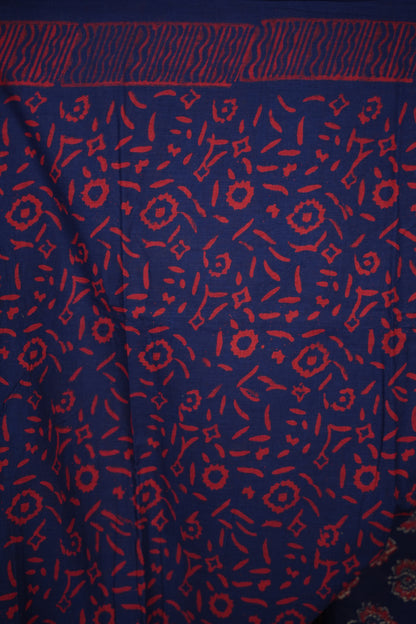 Dark Blue Bagru Handblock printed MulMul cotton saree | Looms & Tassels
