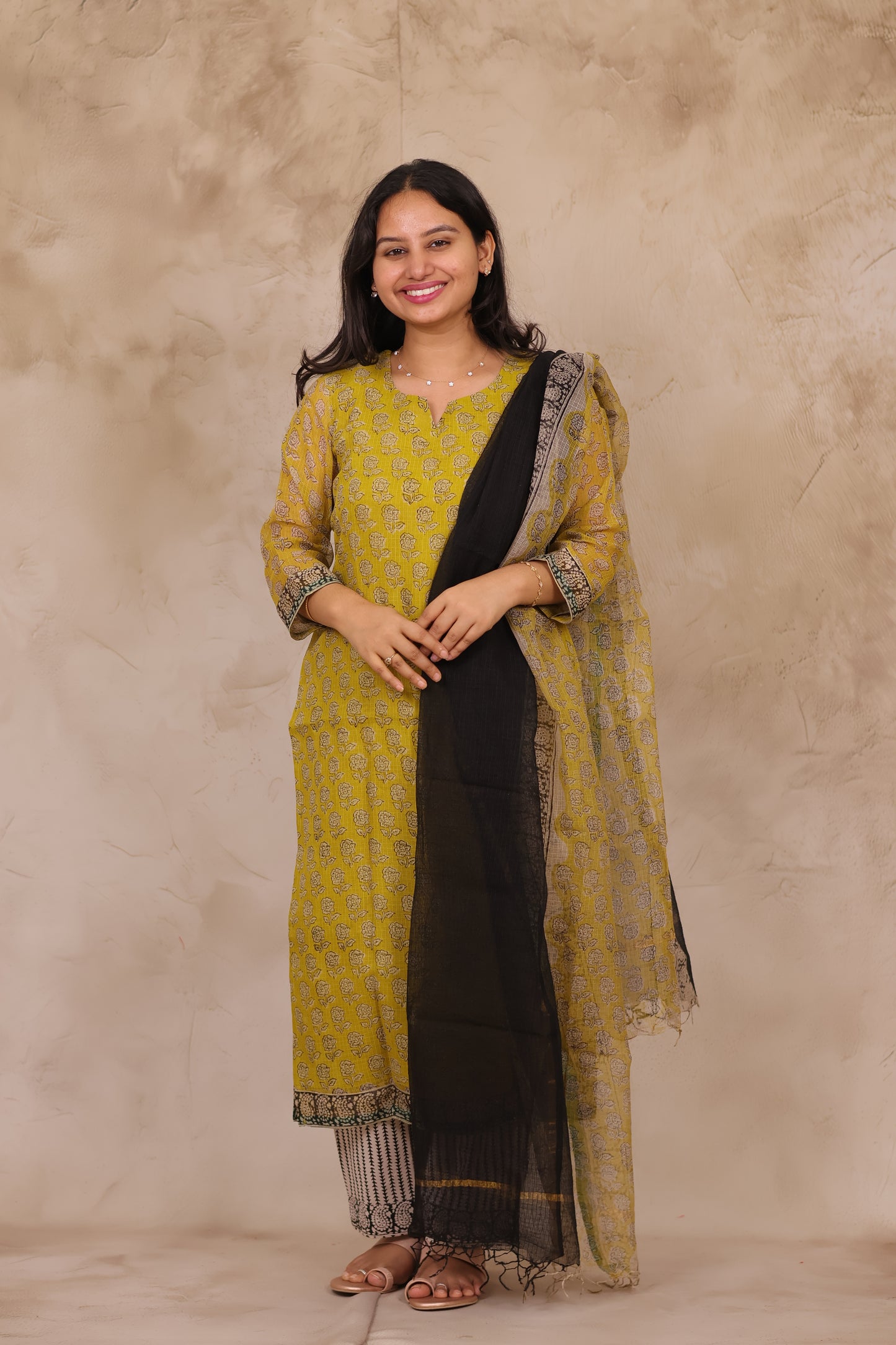 Yellow Handblock printed kota 3 piece suit (stitched)