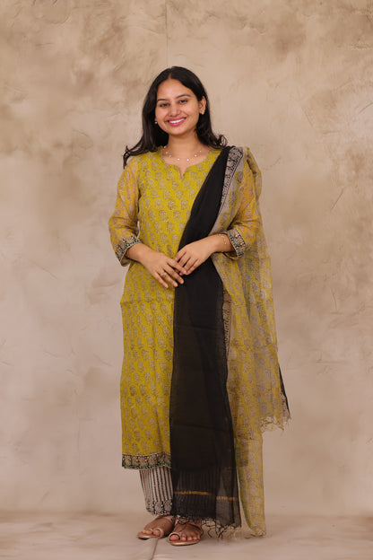 Yellow Handblock printed kota 3 piece suit (stitched)