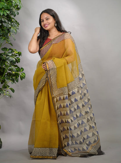 Mustard Pure Kota Doria Saree with Bagru Handblock Prints