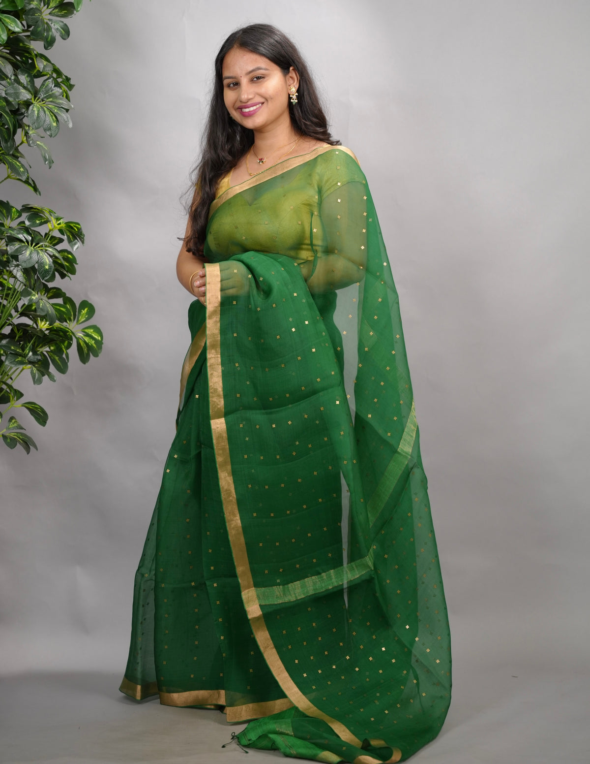 Bottle Green Handwoven Muslin Silk Saree With Sequence Work | Looms & Tassels