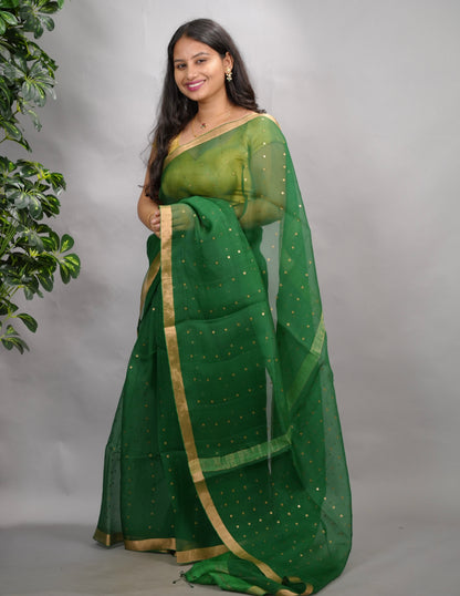 Bottle Green Handwoven Muslin Silk Saree With Sequence Work | Looms & Tassels