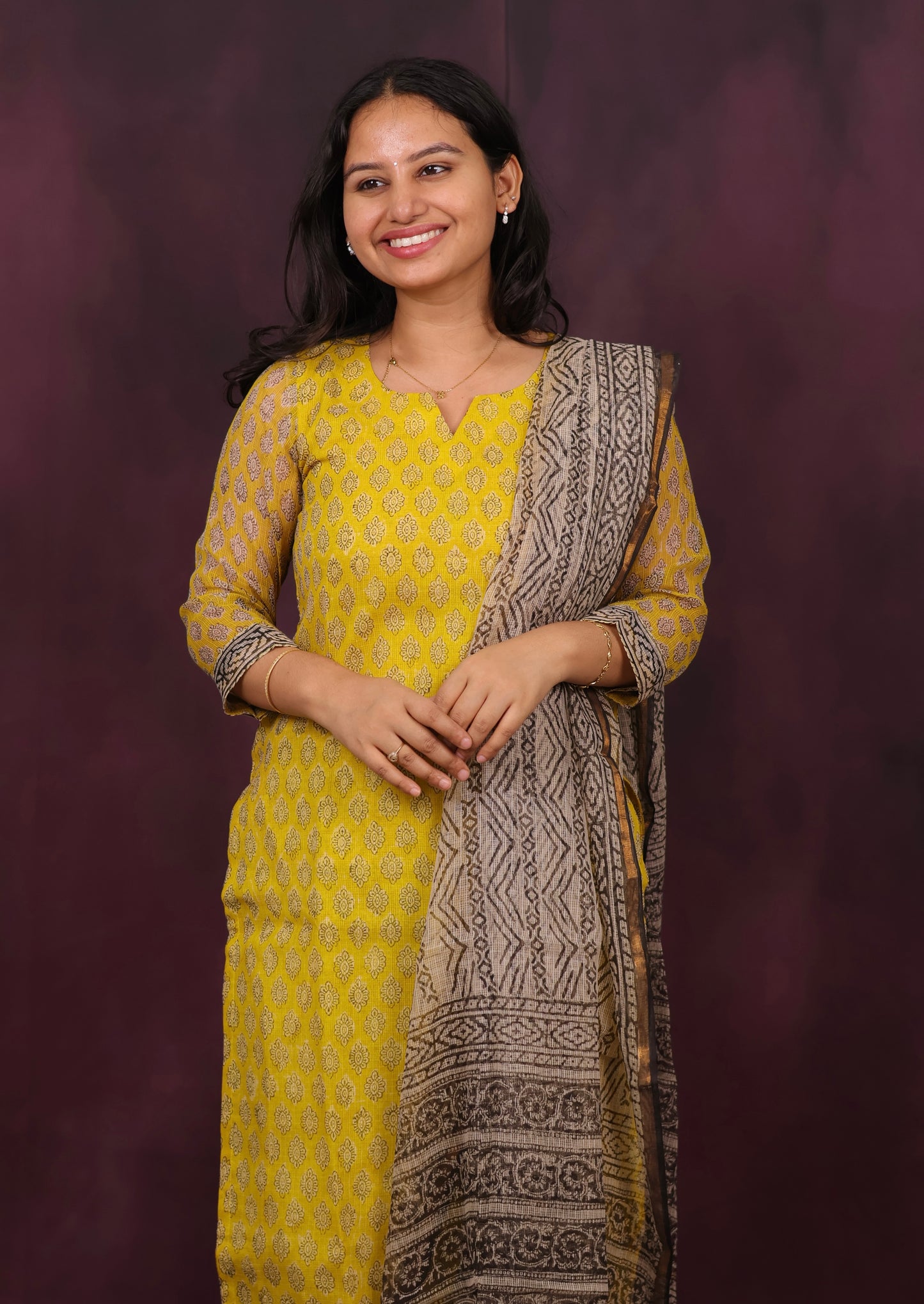 Yellow Handblock printed kota 3 piece suit (stitched)