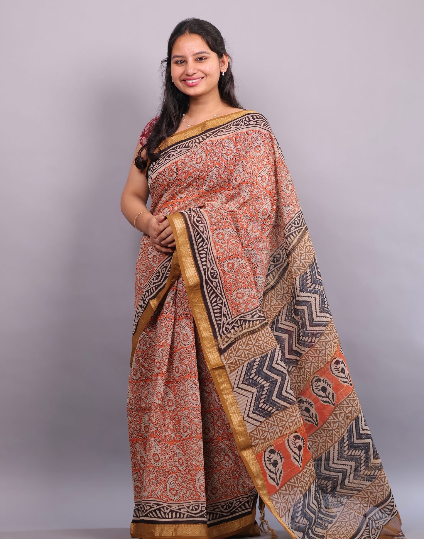 Orange Bagru Hand Block Printed Maheswari Silk Cotton Saree