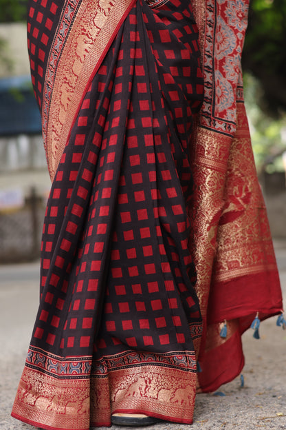 Checks Contemporary Ajrakh Dola Silk Saree