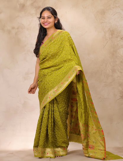 Olive Green Handcrafted Bandhani Paithani Dola Silk Saree | Looms & Tassels