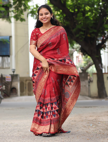 Contemporary Ajrakh Dola Silk Saree
