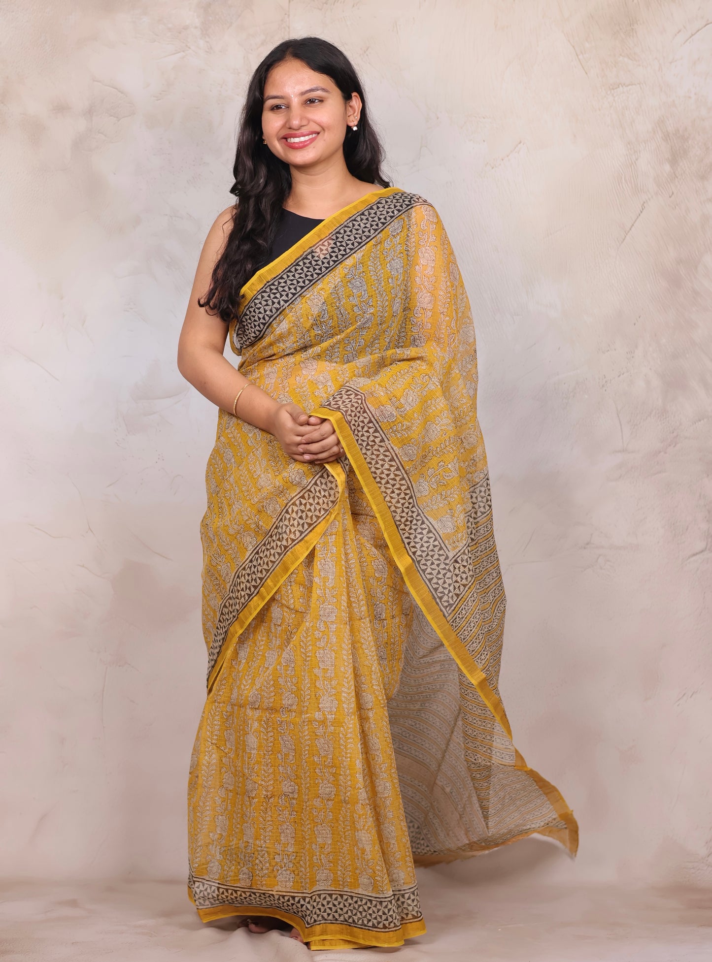 Yellow Pure Kota Doria Saree with Bagru Handblock Prints | Looms & Tassels