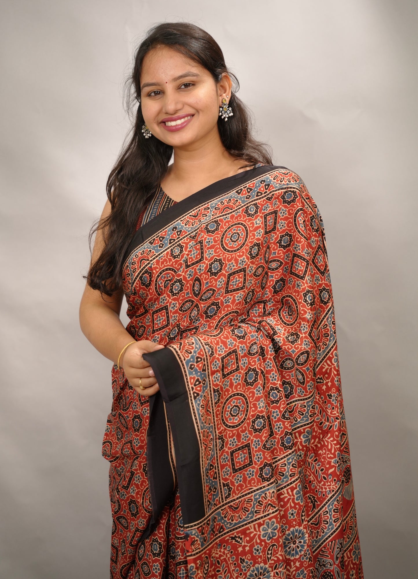 Red Authentic Ajrakh Handblock Printed Modal Silk Saree | Looms & Tassels