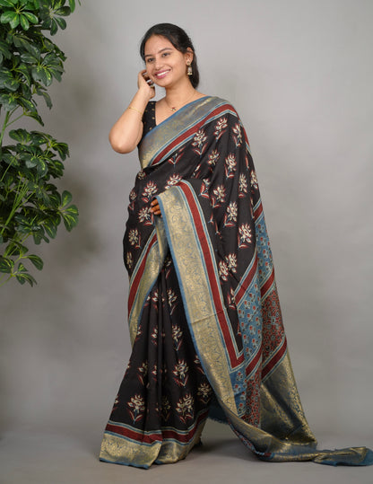 Ajrakh Dola Silk Saree - Black | Looms & Tassels