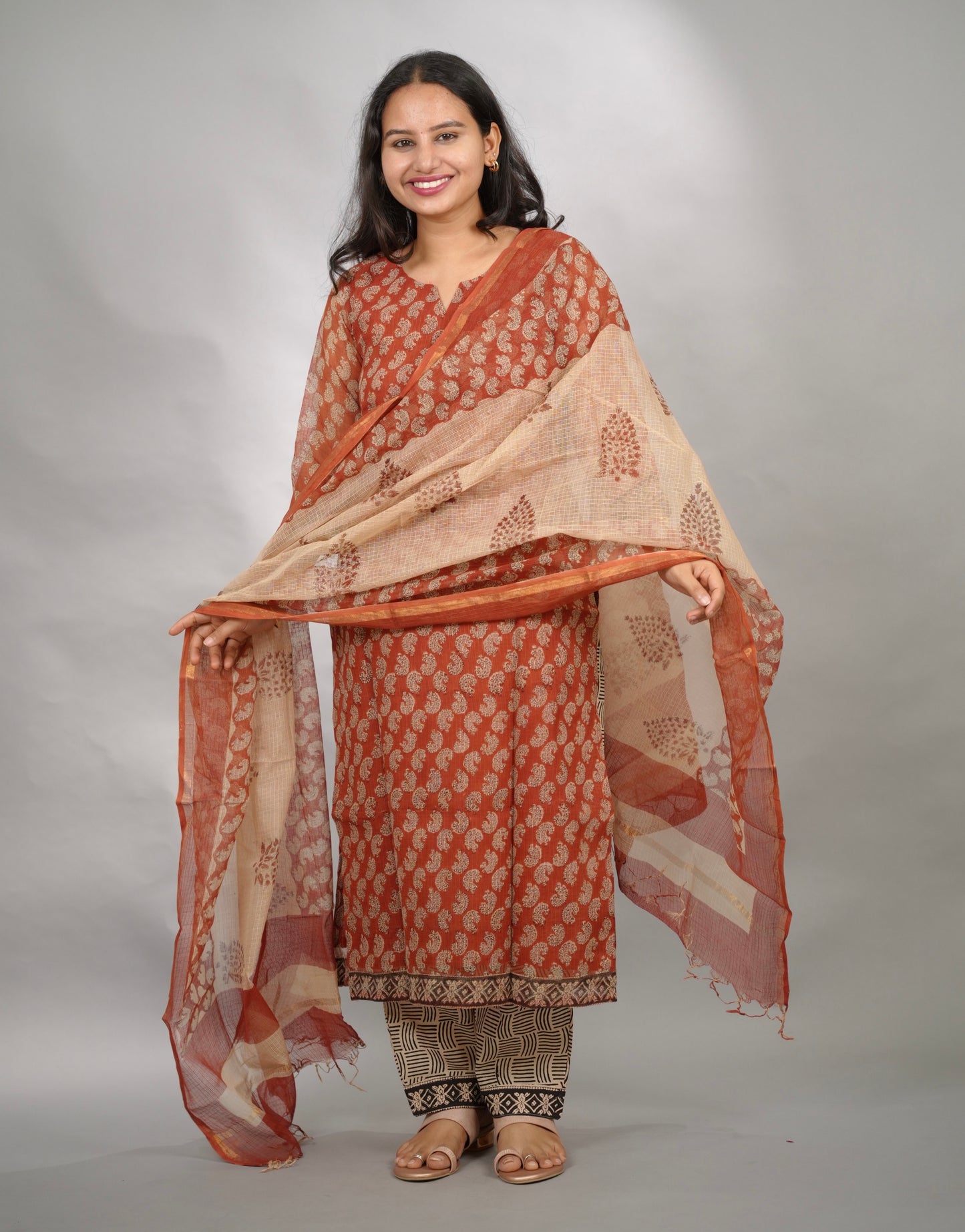 Maroon Handblock printed kota 3 piece suit (stitched)