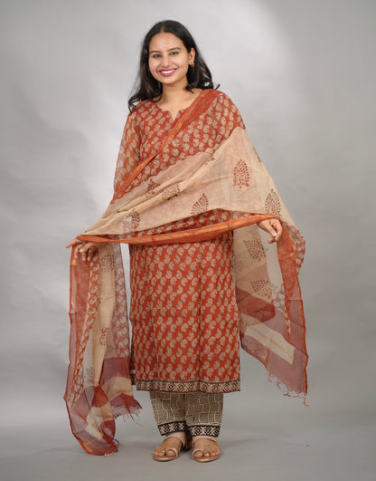 Maroon Handblock printed kota 3 piece suit (stitched)