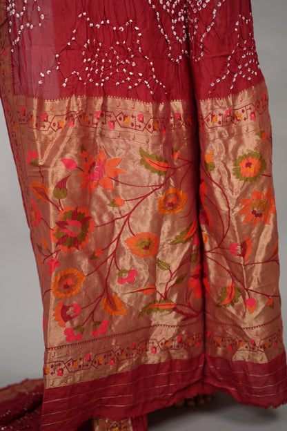 Maroon Handcrafted Pattern Bandhani Paithani Dola Silk Saree | Looms & Tassels