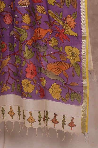 Lavender Pen Kalamkari Mangalagiri silk Dupatta