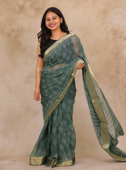 Sea Green Chiffon Hand Block Printed Saree with Jari Border | Looms & Tassels