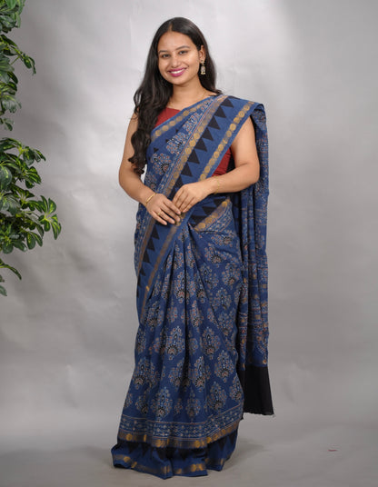 Indigo Ajrakh Hand Block Printed Sungudi Cotton Saree | Looms & Tassels