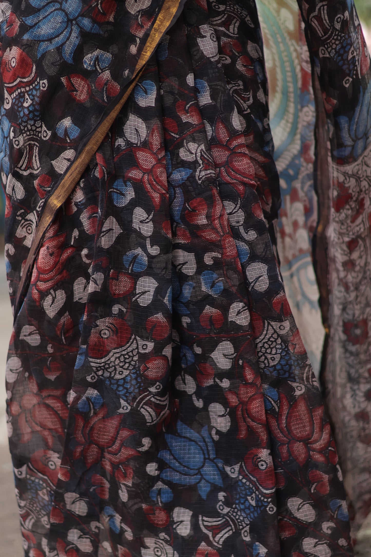 Black Kalamkari printed Kota Doriya Saree