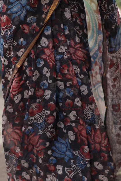 Black Kalamkari printed Kota Doriya Saree