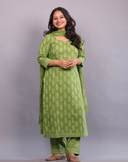 Green Handblock printed Pure Mul Cotton with Mul Cotton Duppata 3 piece suit (stitched)