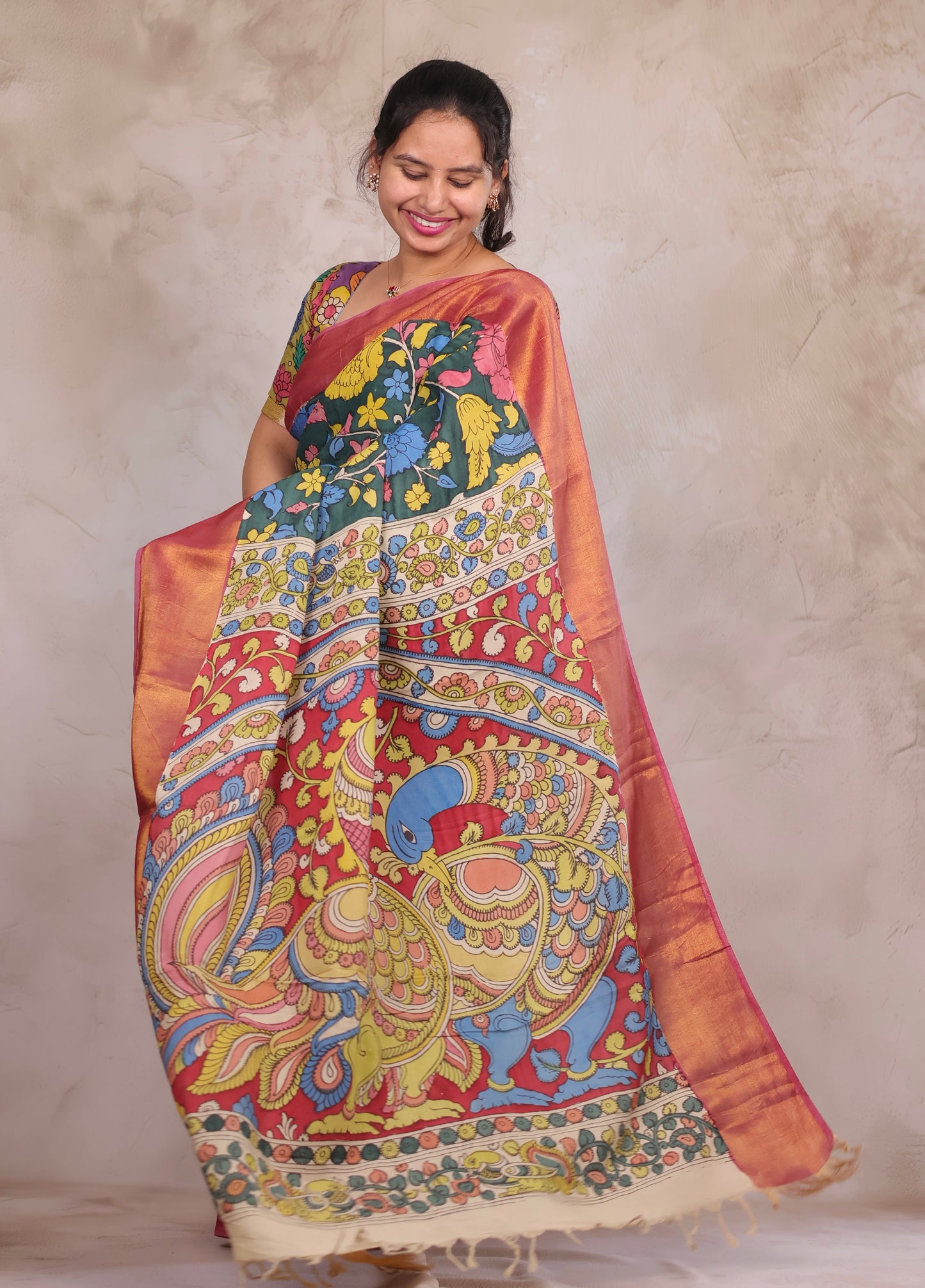 Hand Drawn Pen Kalamkari Pachi Green And Pink Bangalore Silk Kanchi Border Saree | Looms & Tassels