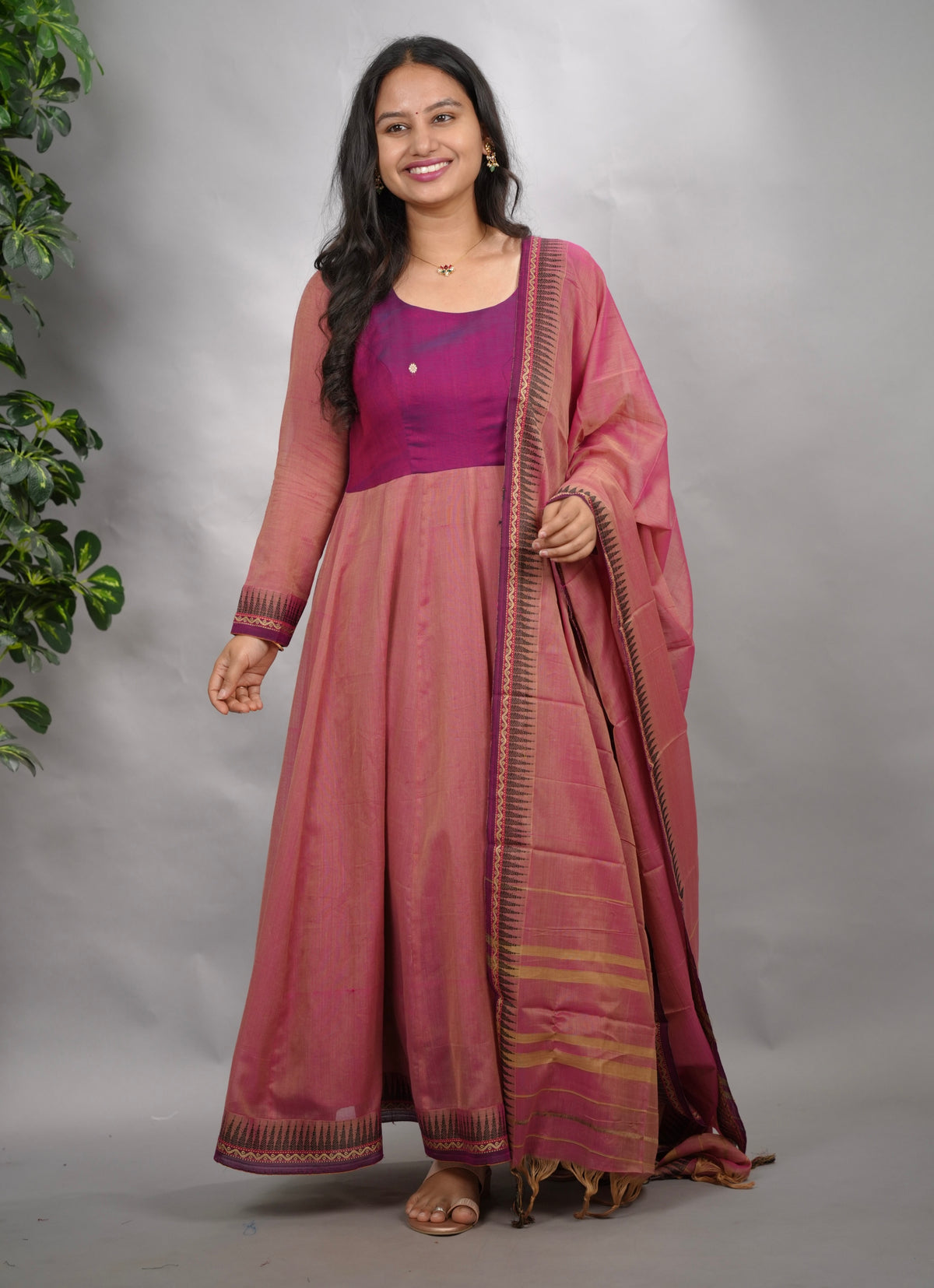 Duel shade Narayanpet Cotton Anarkali Dress with Narayanpet Dupatta | Looms & Tassels