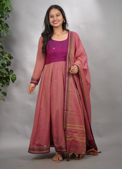 Duel shade Narayanpet Cotton Anarkali Dress with Narayanpet Dupatta | Looms & Tassels