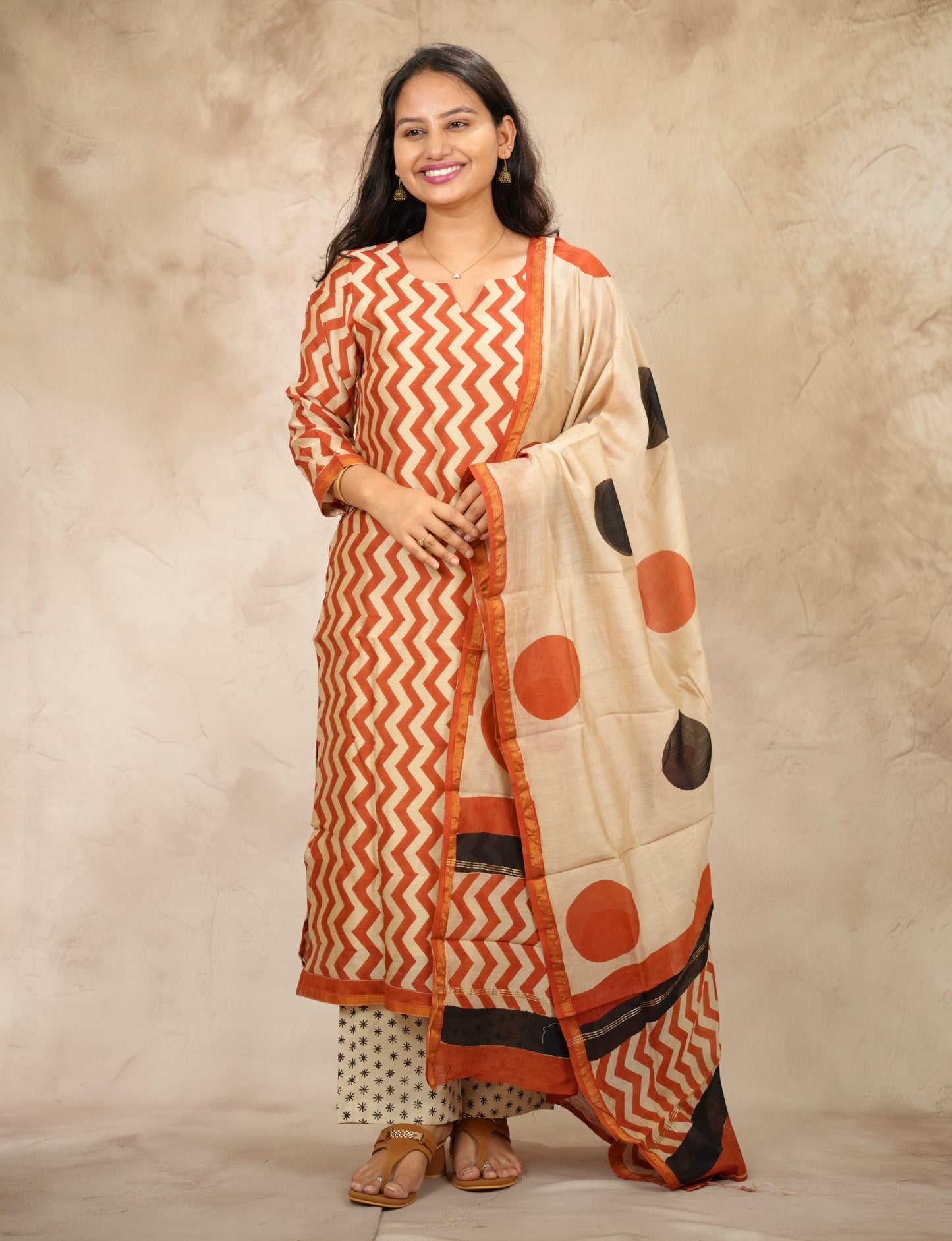 Handblock printed Pure Chenderi Silk 3 piece suit (stitched) |  Looms & Tassels