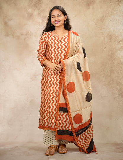 Handblock printed Pure Chenderi Silk 3 piece suit (stitched) |  Looms & Tassels
