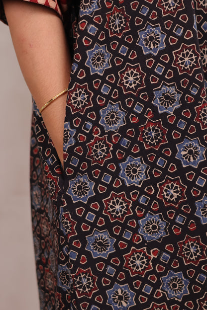 Black Ajrakh Handblock Printed Cotton Kaftan shirt dress – Elegant & Breathable Ethnic Wear | Looms & Tassels