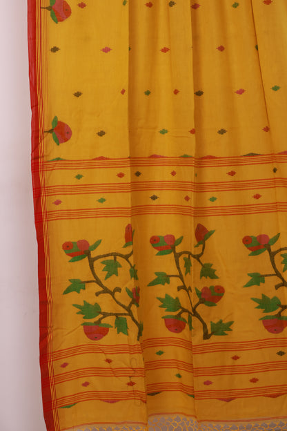Yellow Pure Handwoven Jamdhani Malai Cotton Saree
