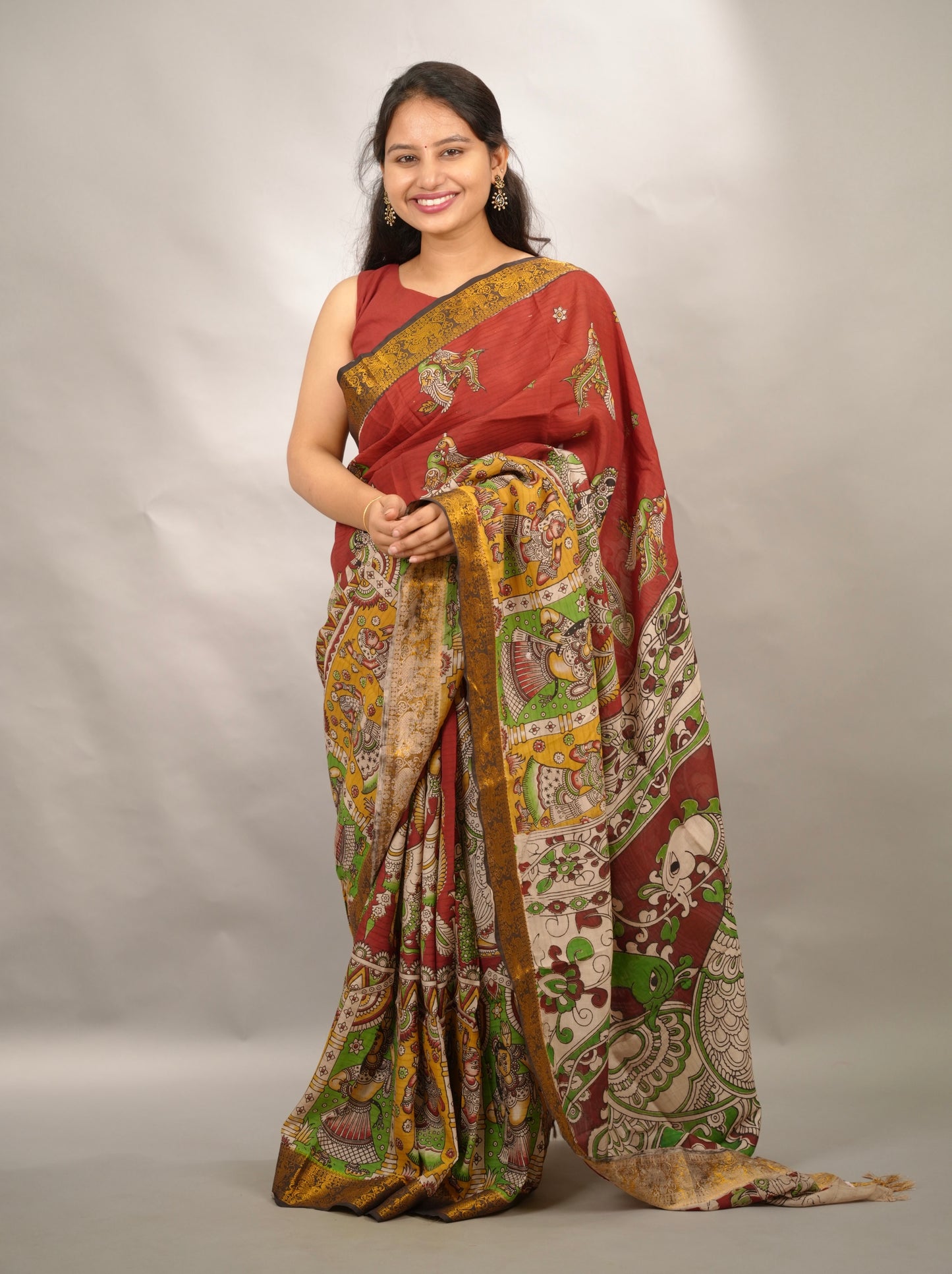 Red Kanchi border Kalamkari chennur silk saree