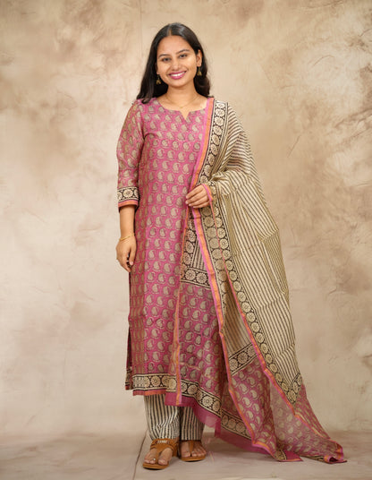 Pink Handblock printed Pure Chenderi Silk 3 piece suit (stitched) | Looms & Tassels