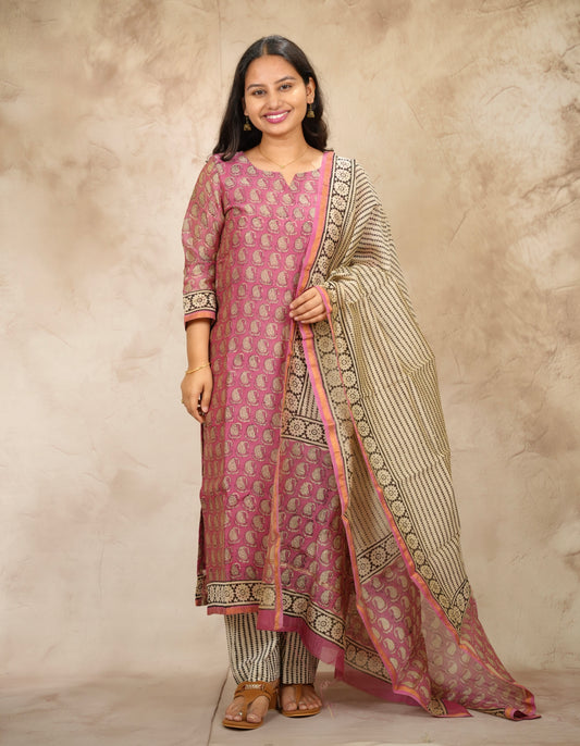 Pink Handblock printed Pure Chenderi Silk 3 piece suit (stitched) | Looms & Tassels