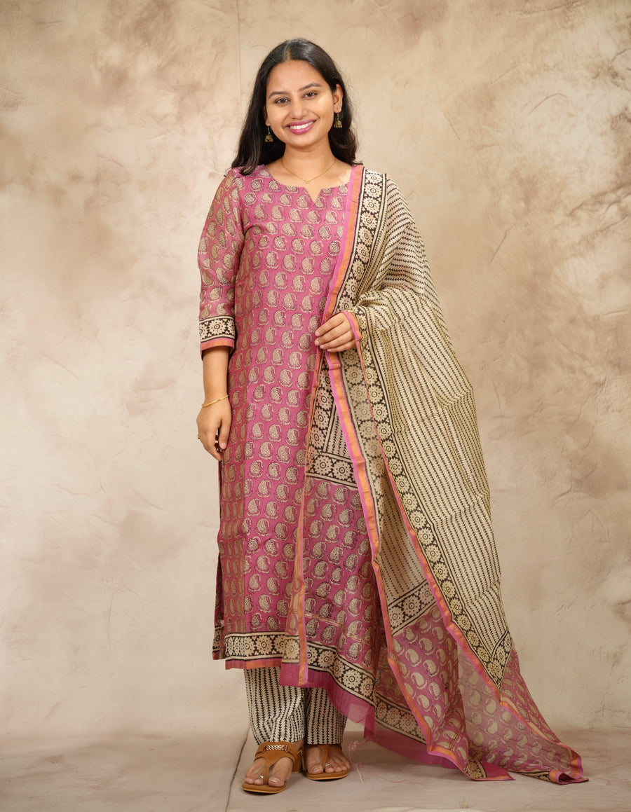 Pink Handblock printed Pure Chenderi Silk 3 piece suit (stitched) | Looms & Tassels