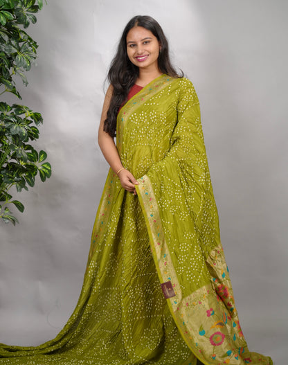 Olive Green Handcrafted Pattern Bandhani Paithani Dola Silk Saree | Looms & Tassels