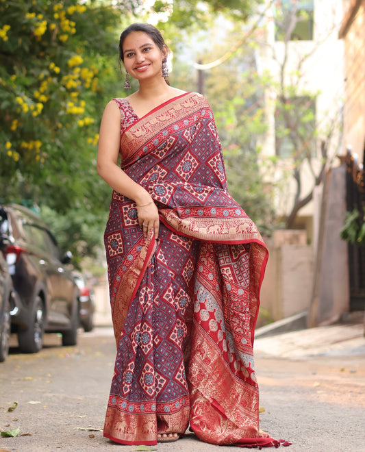 Traditional Ajrakh Dola Silk Saree