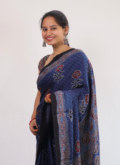 Blue Ajrakh Modal Silk Saree