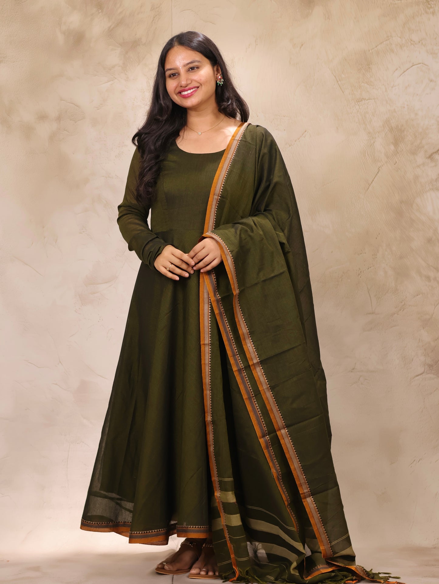 Mehendi Green Narayanpet Cotton Anarkali Dress with Narayanpet Dupatta | Looms & Tassels