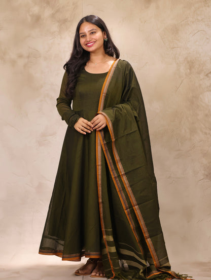 Mehendi Green Narayanpet Cotton Anarkali Dress with Narayanpet Dupatta | Looms & Tassels