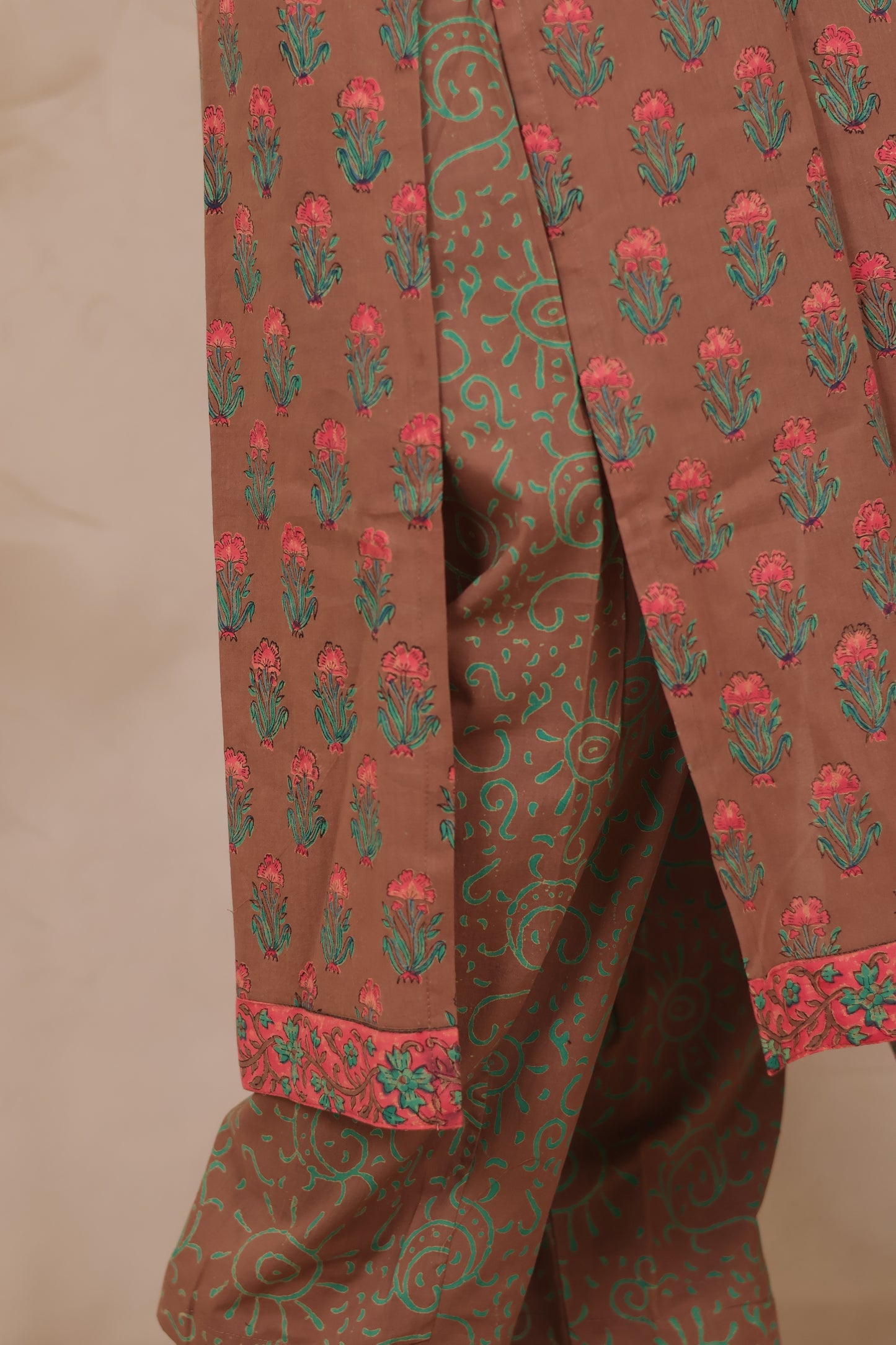Brown Handblock printed Pure Mul Cotton with Kota Doria Duppata 3 piece suit (stitched)