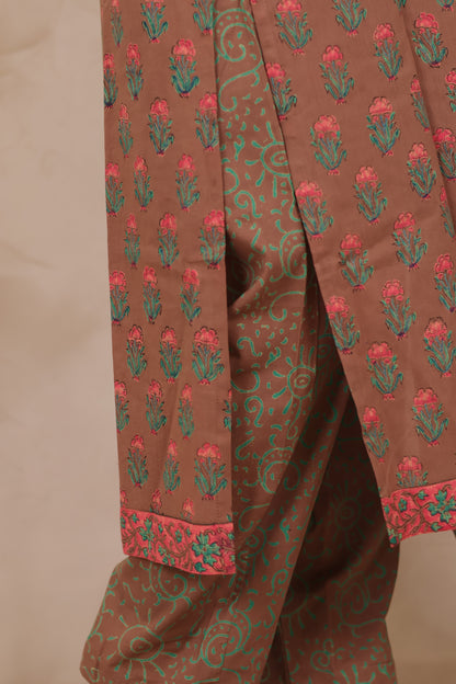 Brown Handblock printed Pure Mul Cotton with Kota Doria Duppata 3 piece suit (stitched)