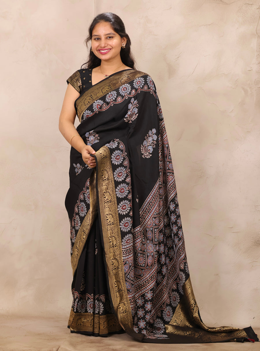 Black Ajrakh Handblock printed Dola Silk Saree | Looms & Tassels
