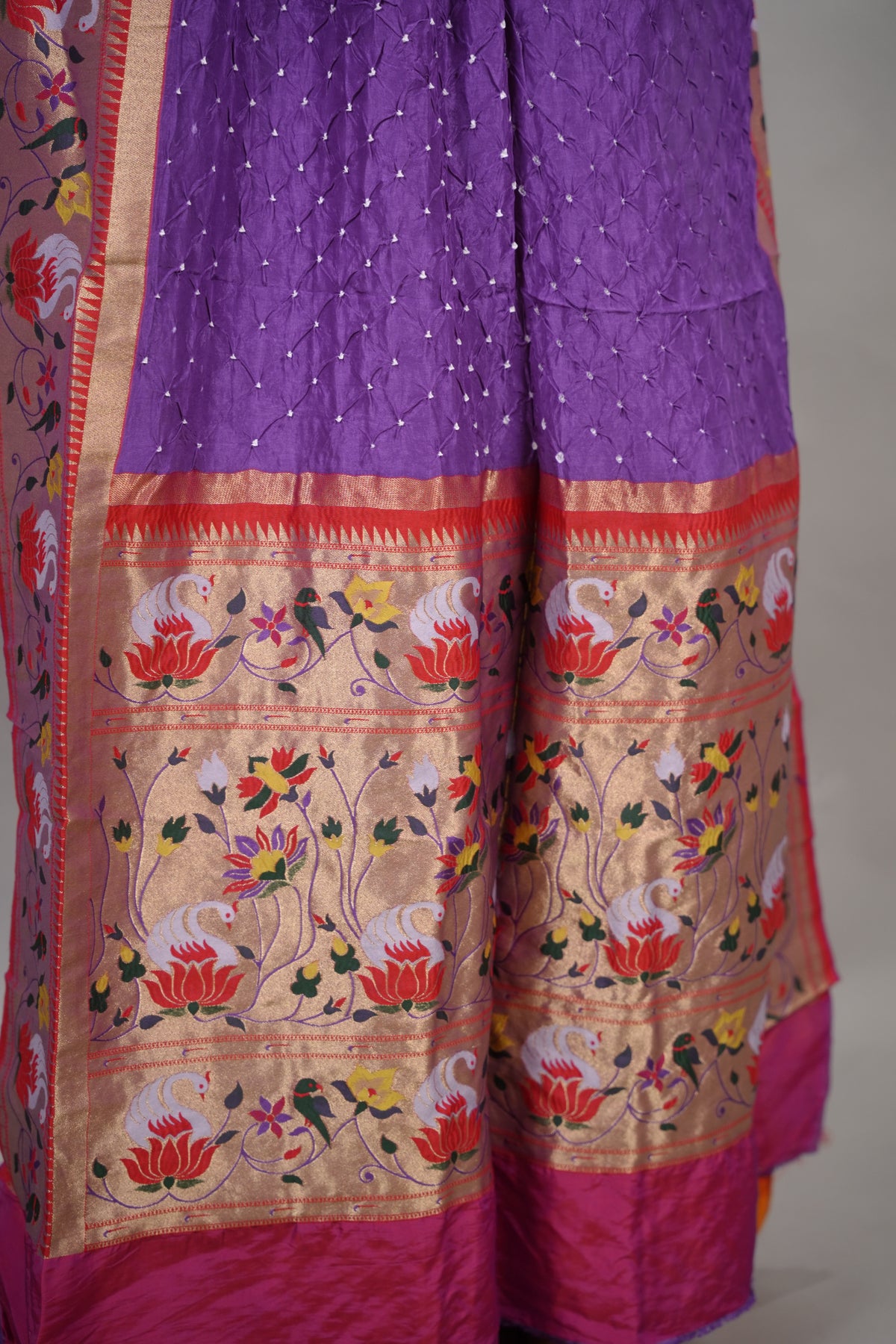 Lavender Handcrafted Bandhani Paithani Dola Silk Saree | Looms & Tassels